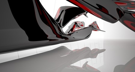 Abstract smooth architectural red and black gloss interior of a minimalist house with large windows. 3D illustration and rendering.