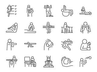 Rehabilitation line icon set. Included icons as recovery, Physical therapy, Nursing Home, therapist, hospital, physiology and more.