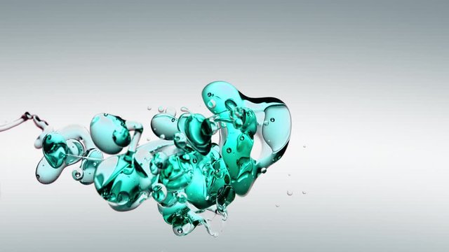 transparent petrol, green blue oil bubbles and fluid shapes in purified water on a white gradient background. Side angle with crystal colored bubbles in purified water cosmetic backdrop with copy spac