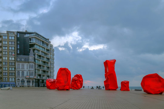 City embankment with famous sculpture in Ostend, Belgium