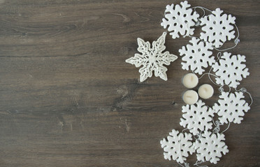 Christmas card with snowflakes and Christmas decorations
