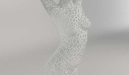 Abstract voronoi based human figure concept - 3D illustration of a human body constructing from polygon voronoi and lines. Women posing in different ways.3d render.