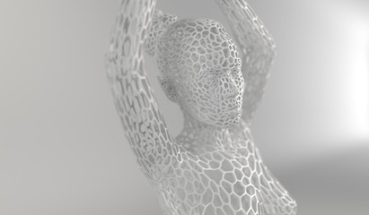 Abstract voronoi based human figure concept - 3D illustration of a human body constructing from polygon voronoi and lines. Women posing in different ways.3d render.