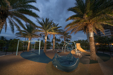Childrens park with palm trees light painting with flash strobes