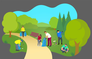 Volunteers young and elderly clean in the city Park, plant trees, collect garbage. Vector flat illustration. Volunteering, charity social concept. Ecological lifestyle.