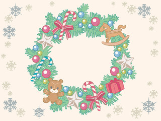 Christmas wreath with pine branches and decorative items. Vector illustration.	