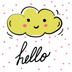 Doodle drawing. Cute cloud with eyes and smile kawaii. The inscription Hello