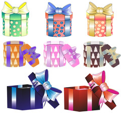 Collections of colorful gift boxes. Happy birthday Merry Christmas. Gifts with bows .Vector illustration