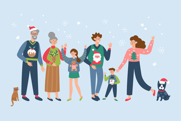 Happy big family in ugly sweaters celebrating Christmas and New Year holidays. Flat vector character design.