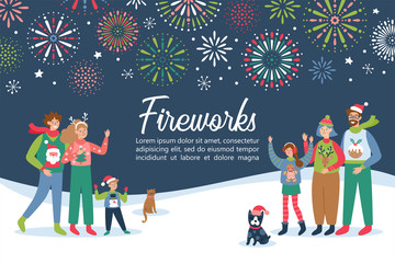 Fototapeta premium Fireworks festival invitation with happy families celebrating New Year holidays.