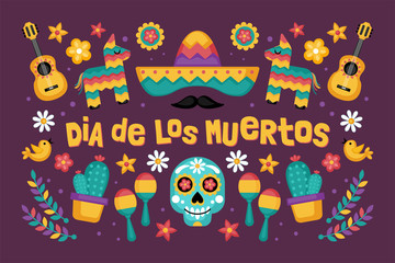 Day of the dead Dia de los Muertos holiday greeting card design with Mexican party elements