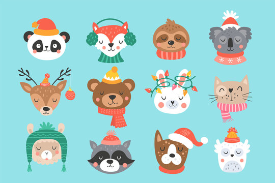 Christmas holiday cute animals set.