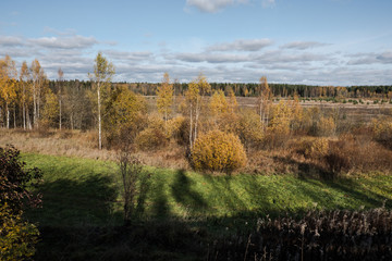 Autumn landscape. View from the mountains to the field and forest. Deciduous trees and shrubs with yellow leaves. Blue sky, white clouds. Day.