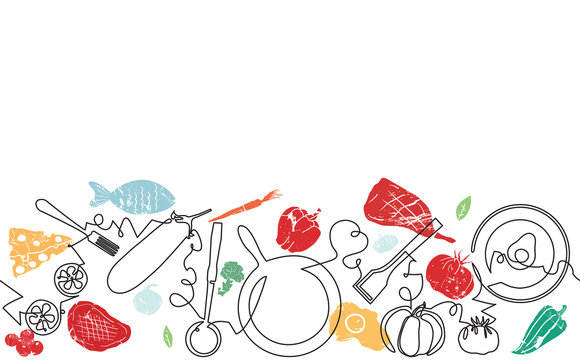 Background with Utensils and Food. Cooking Horizontal Pattern. Vector illustration.