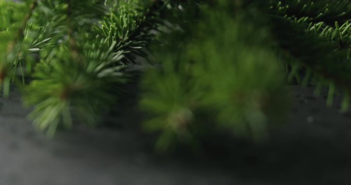 Slow motion pan of spruce twig with happy new year card on terrazzo countertop