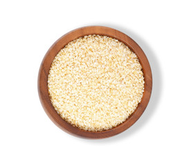 white sesame seeds in bowl wooden isolated on white background