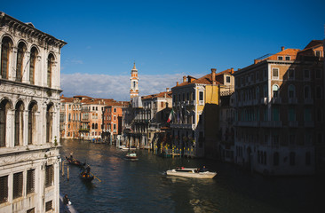VENICE ITALY - OCTOBER 2019. View of Canal Grande with variety of boats and ships on the water with passengers.