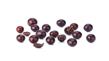 chocolate covered coffee beans on white background