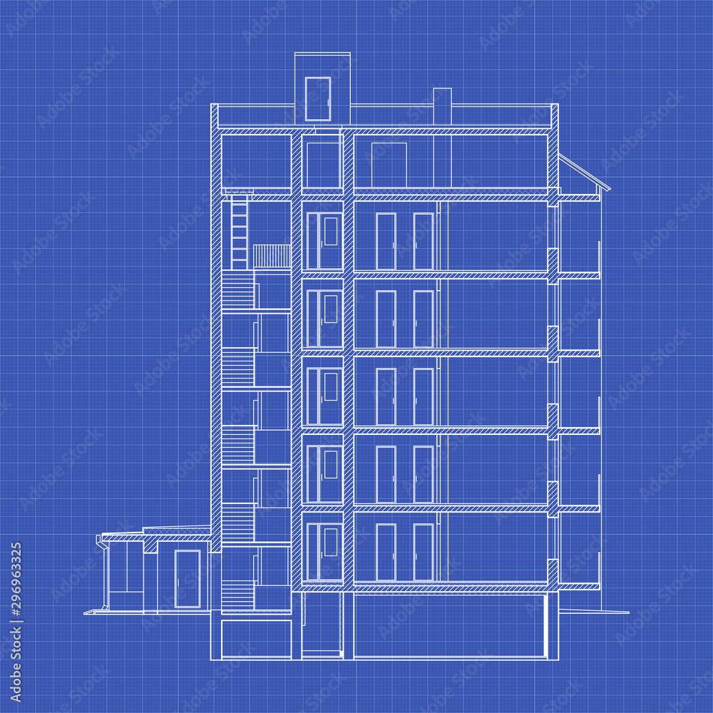 Sticker Detailed multi-storey building. Cross-section house. Vector blueprint.