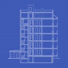 Detailed multi-storey building. Cross-section house. Vector blueprint.