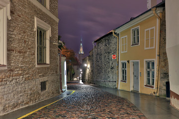 Tallinn old town street at night light, capital of Estonia