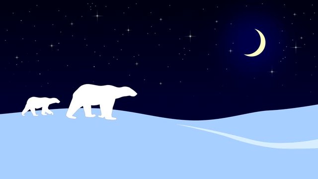 Winter landscape with two walking polar bears, moon and twinkle stars