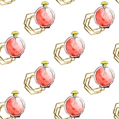 Seamless pattern of perfume red bottle and gold hexagons. Watercolor hand drawn illustration. Trendy print. Fashion illustration beauty cosmetic.