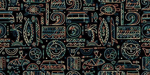 Surfing seamless pattern. Tribal elements for your design - obrazy, fototapety, plakaty