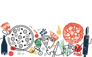 Pizza Background. Pizza Pattern. Continuous Line Drawing.  Vector illustration. - obrazy, fototapety, plakaty