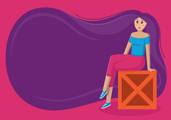Vector illustration of a girl sitting on a box foot to foot with a background of hair with a place for text or lettering. Unusual background from hair for text placement