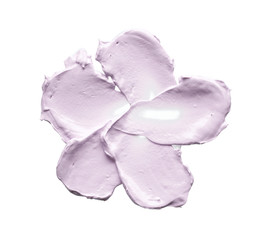 Gently purple texture and strokes of a facial cleansing mask or acrylic paint isolated on a white background