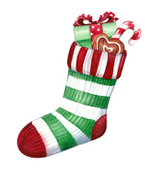 gingerbread, candy cane and apple in knitted sock