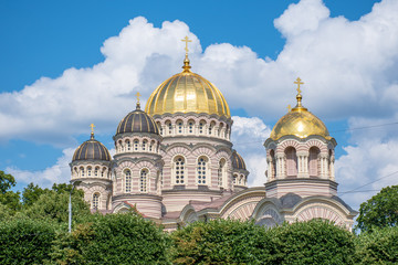 Fototapeta na wymiar Beautiful Riga Russian Orthodox Church, Nativity of Christ Cathedral, Latvia, Europe 
