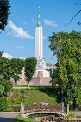 Obraz premium The Freedom Monument in Riga, Latvia, honouring soldiers killed during the Latvian War of Independence, symbol of the freedom, independence, and sovereignty of Latvia