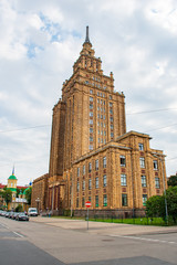 Fototapeta na wymiar Latvian Academy of Sciences, Riga, Latvia. Stalin-era skyscrapers, Stalinist architecture, Soviet Union