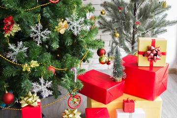 Close up, Beautiful Christmas tree with gifts for Christmas Festival. Merry Christmas and New Year.