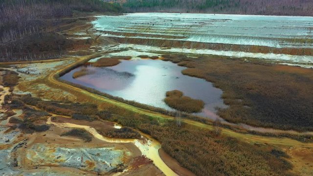 Polluted and abandoned industrial ground with red toxic water, aerial view. Ural Russia Karabash