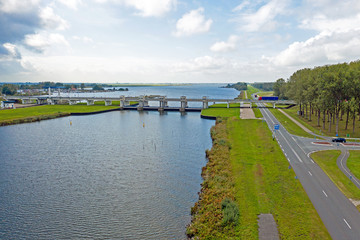 Aerial from the sluice at Nijkerk in the countryside from the Netherlands