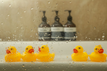 Rubber duck toys on the bathtub