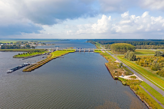 Aerial from the sluice at Nijkerk in the countryside from the Netherlands
