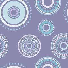 Seamless abstract pattern of powder blue circles and dots on violet background. Kaleidoscope background.