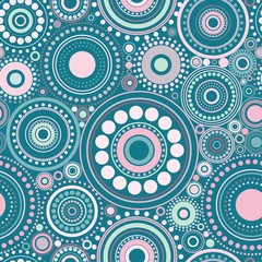 Seamless abstract pattern of circles and dots of blue and pink colors. Kaleidoscope background.
