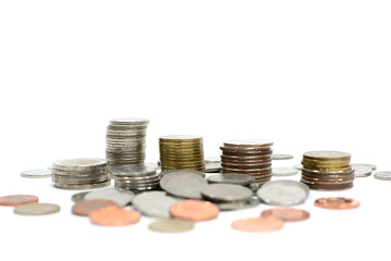 Coins stacks on a white background.