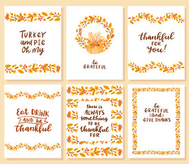 Set of thanksgiving card templates. Hand drawn lettering illustration.