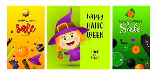 Happy Halloween orange, green banner set with witch