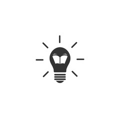 Black bulb with open book and rays. flat icon isolated on white. Education idea.