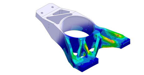 3D Illustration. Von mises stress plot and CAD model blend isometric view of a race car suspension upright © Mathew