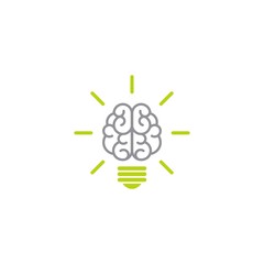 Green bulb with brain and rays flat icon. Isolated on white. New business idea. smart, clever, creative symbol