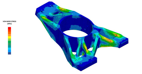 3D Illustration. Von mises stress plot isometric view of a race car suspension upright with scale © Mathew