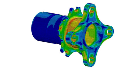3D Illustration. Von Mises stress isometric view of car suspension hub